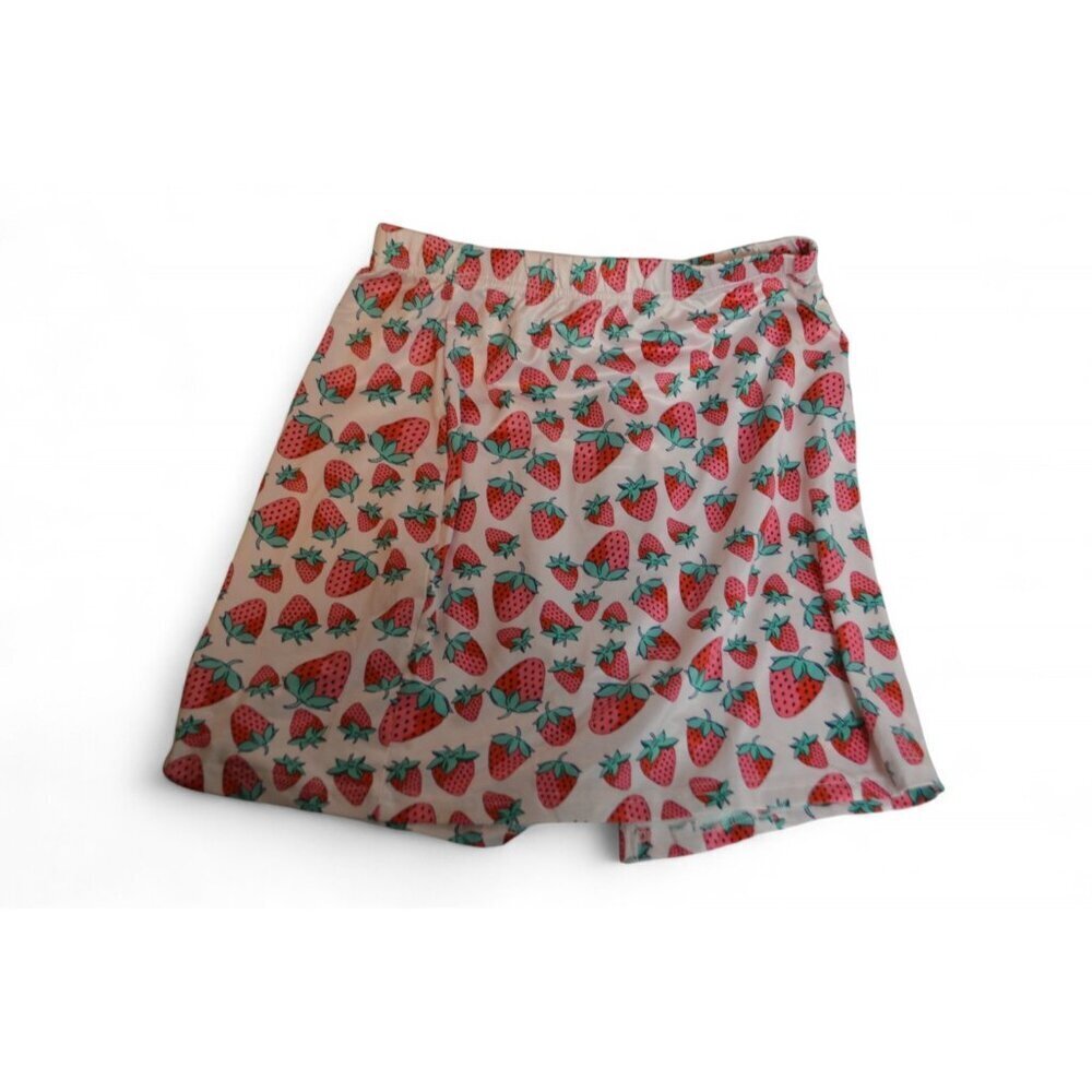 Shein Curve Skirt OXL White Pink Strawberry Print Elastic Waist A-Line
